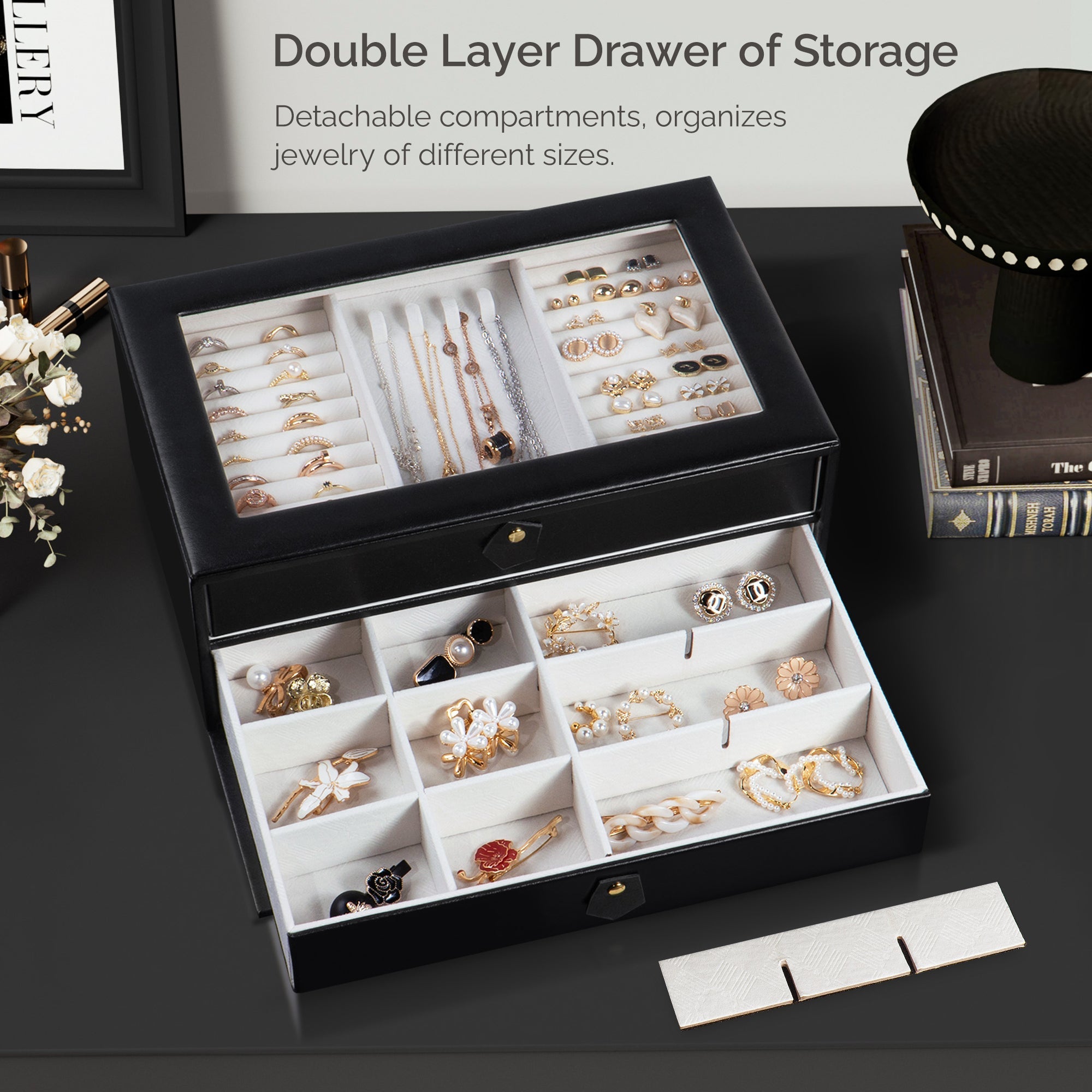 Double Drawer Jewelry Organizer With Glass Lid for Women