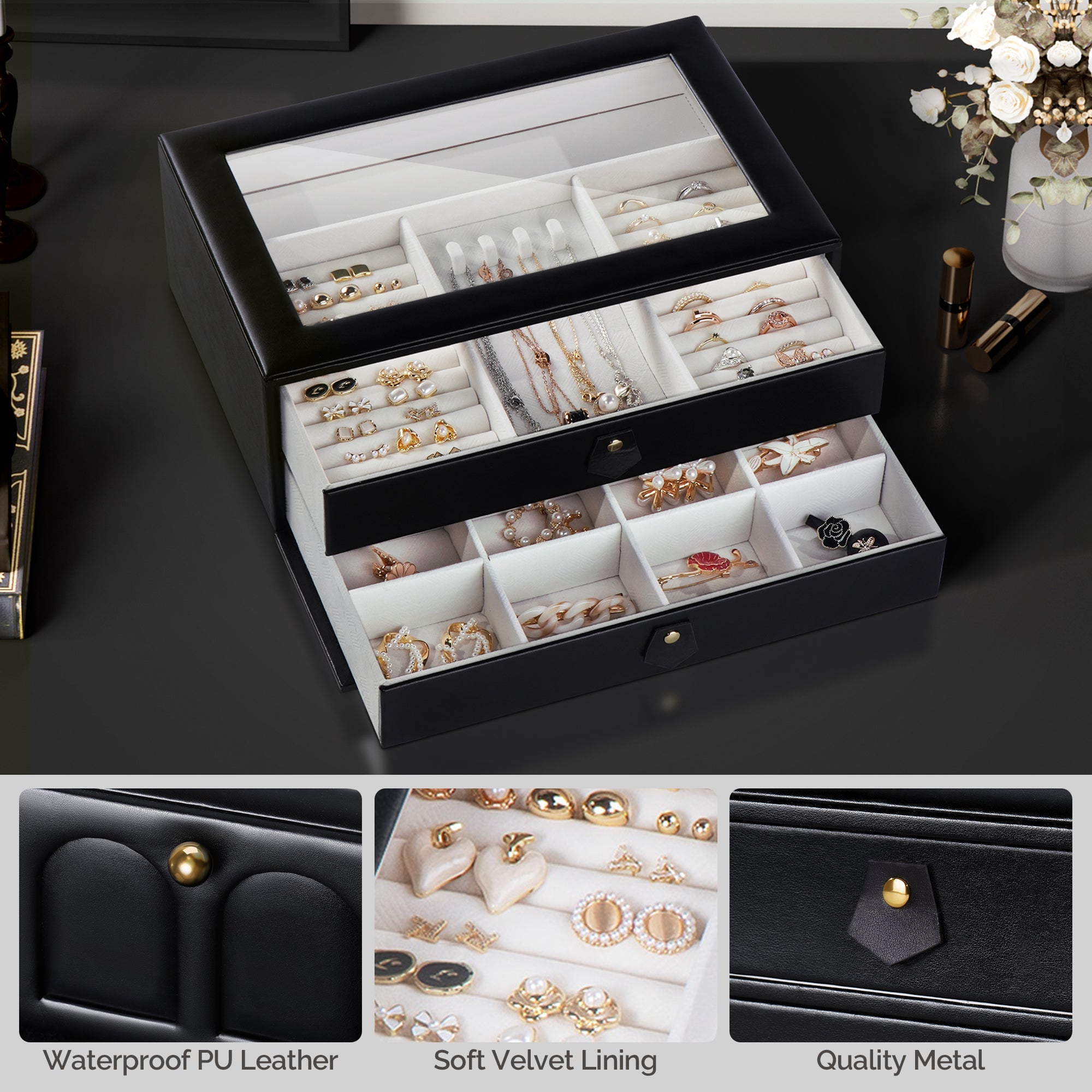 Double Drawer Jewelry Organizer With Glass Lid for Women