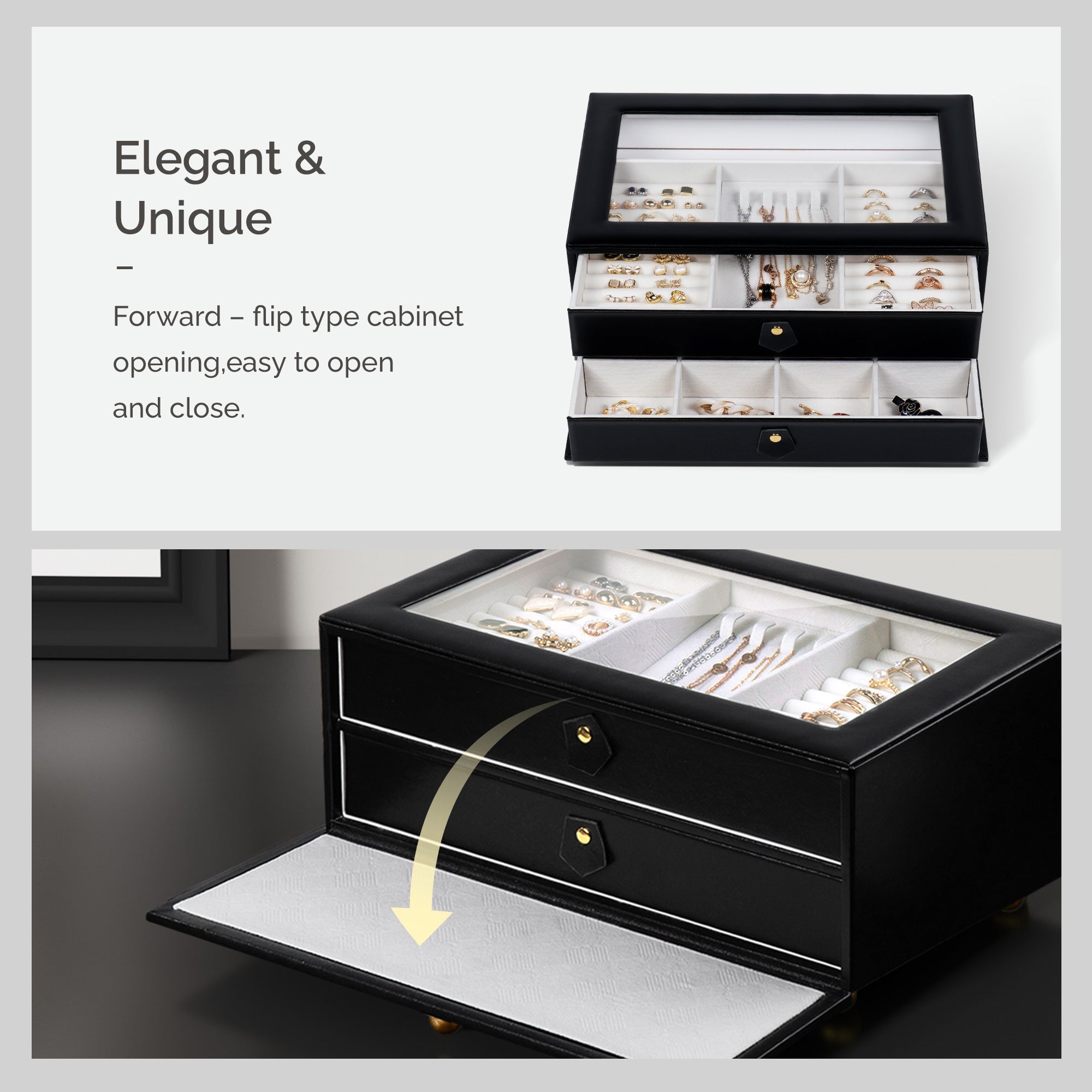 Double Drawer Jewelry Organizer With Glass Lid for Women