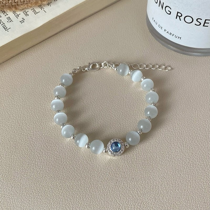 2-Piece Natural Cat's Eye Crystal Beaded Bracelet Set Healing Crystals Silver-Tone Adjustable Chain Perfect Gift for Women