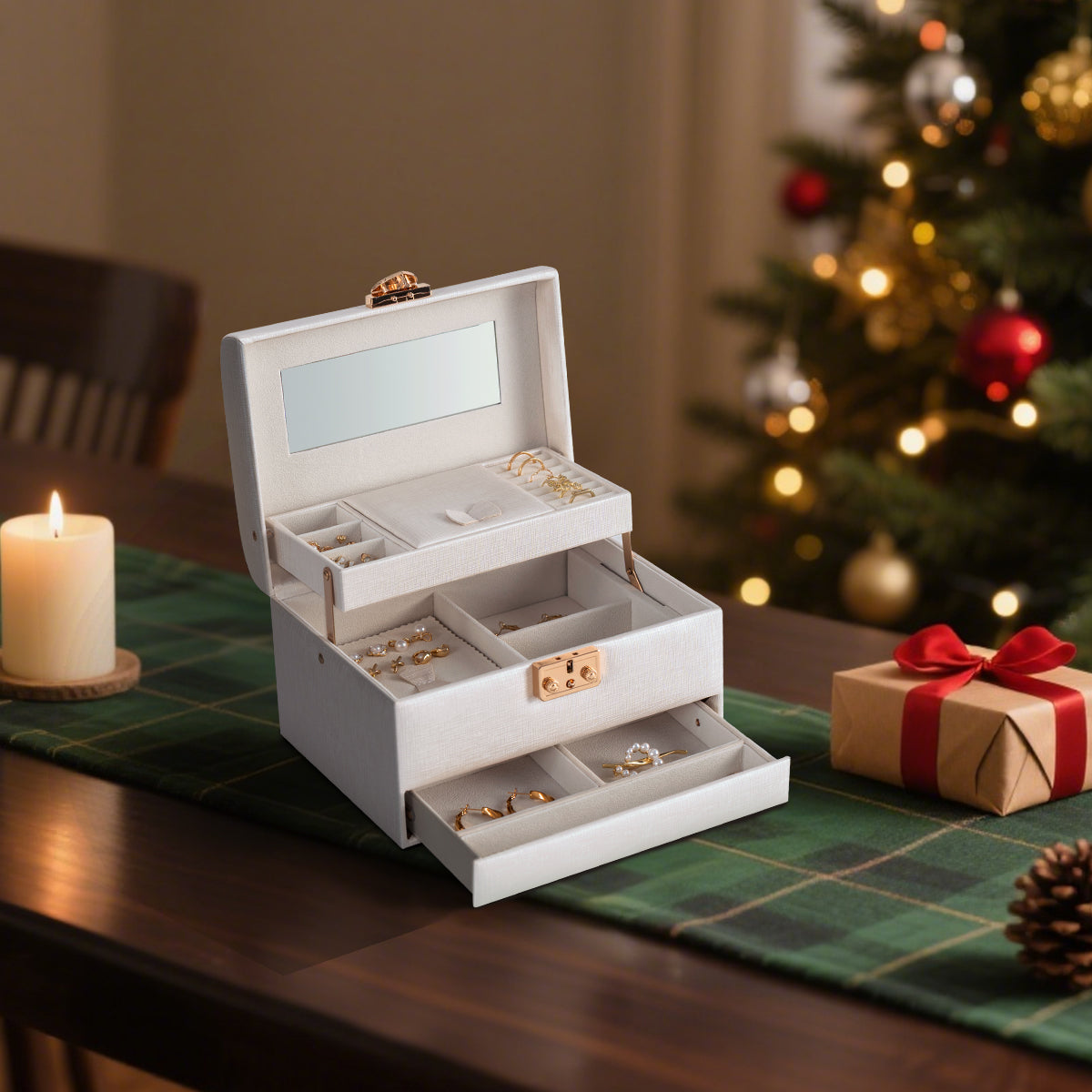 3 Layers Leather Jewelry Storage Box with Lock, Mirror