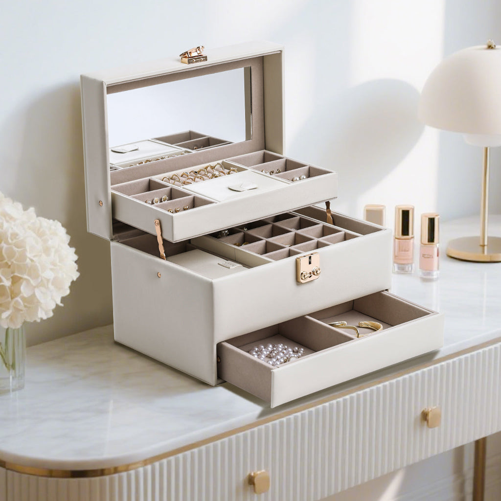 3 Layers Leather Jewelry Storage Box with Lock, Mirror