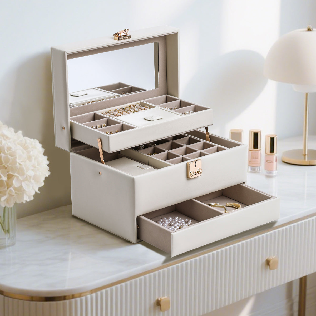 3 Layers Leather Jewelry Storage Box with Lock, Mirror