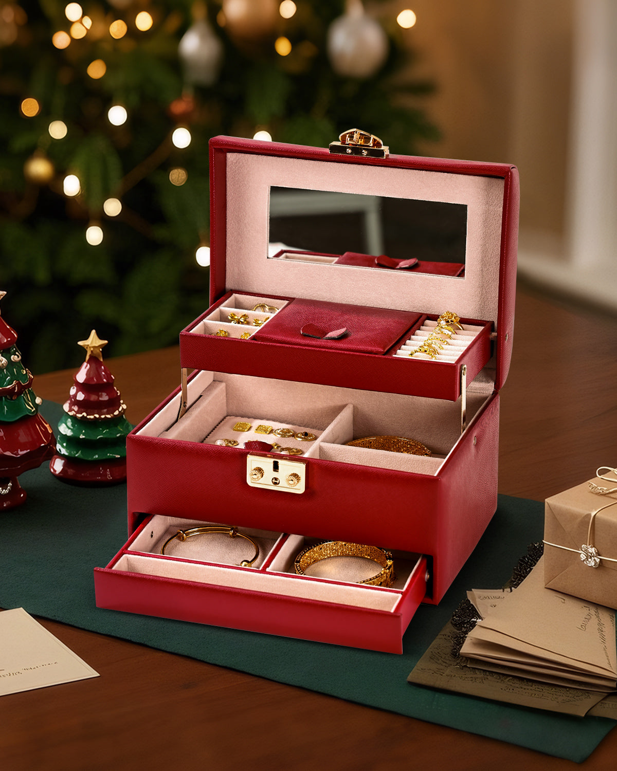 3 Layers Leather Jewelry Storage Box with Lock, Mirror