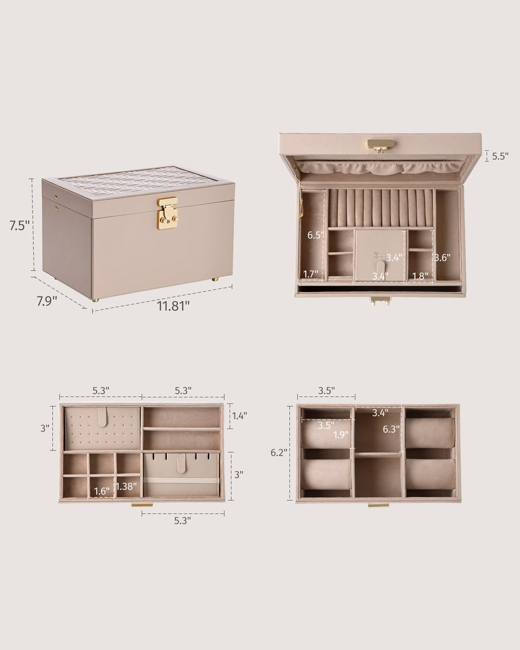 3-Tier Jewelry Organizer Box with 2 Drawers,Large Storage Capacity