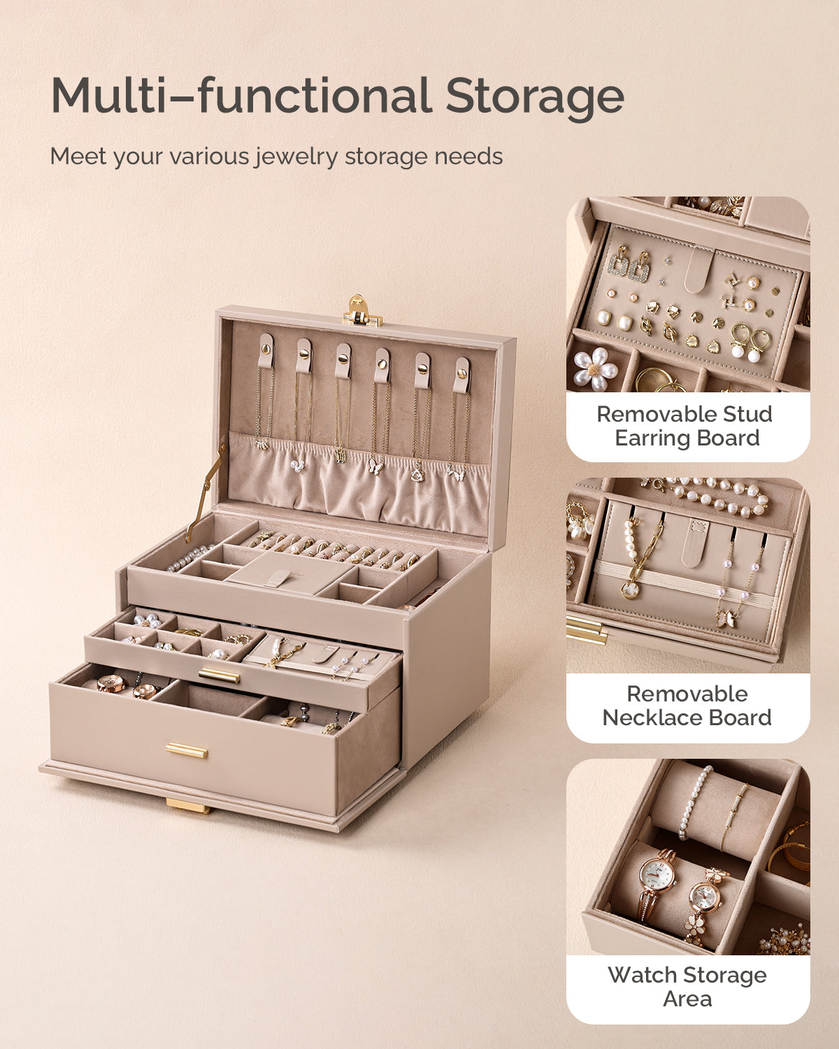 3-Tier Jewelry Organizer Box with 2 Drawers,Large Storage Capacity