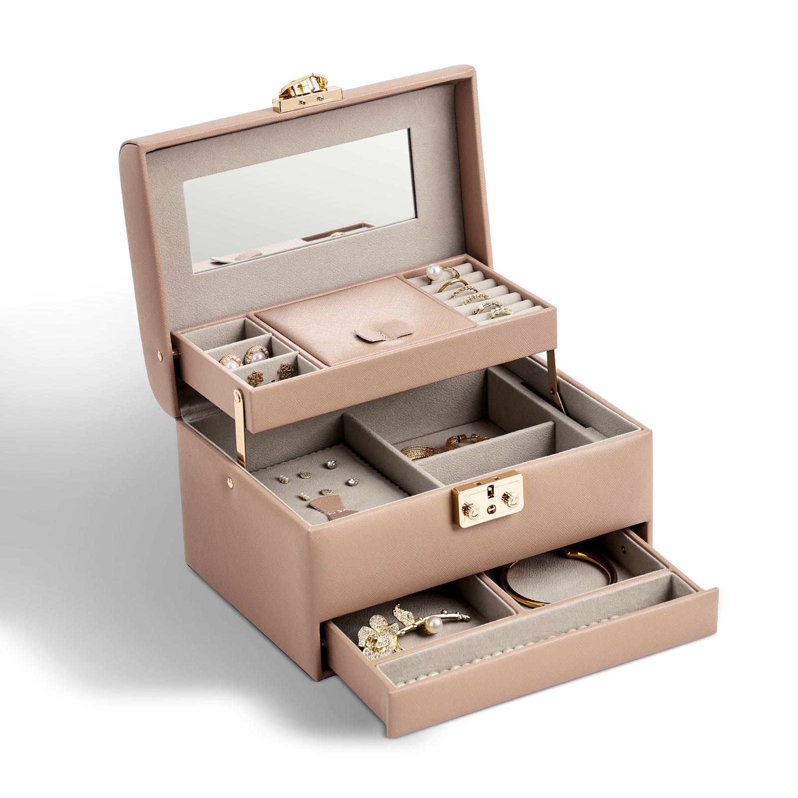 3 Layers Leather Jewelry Storage Box with Lock, Mirror