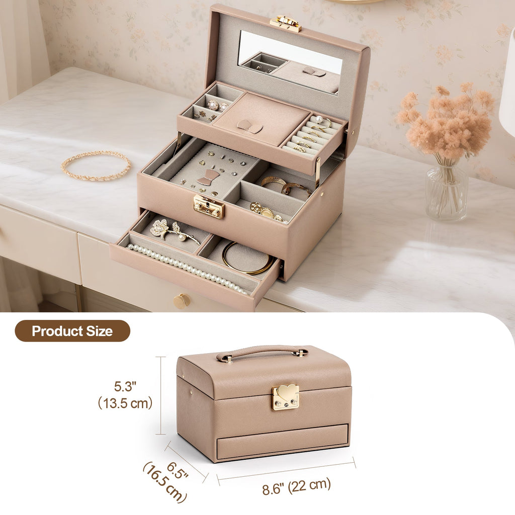 3 Layers Leather Jewelry Storage Box with Lock, Mirror