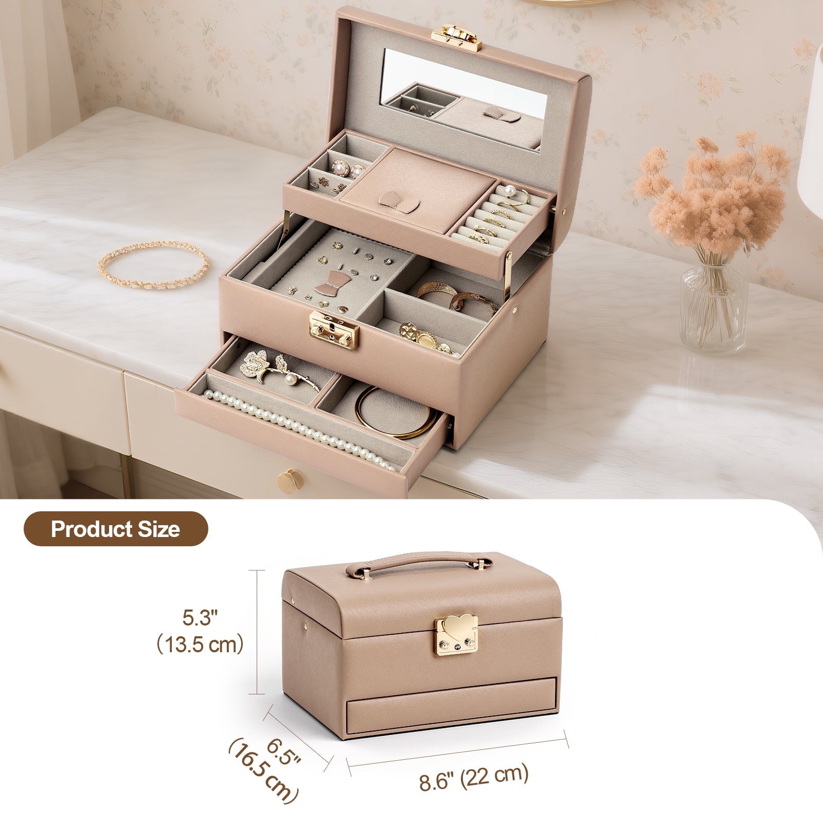 3 Layers Leather Jewelry Storage Box with Lock, Mirror