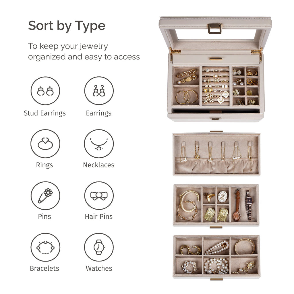 Jewelry Box with Glass Window, 3-Tier