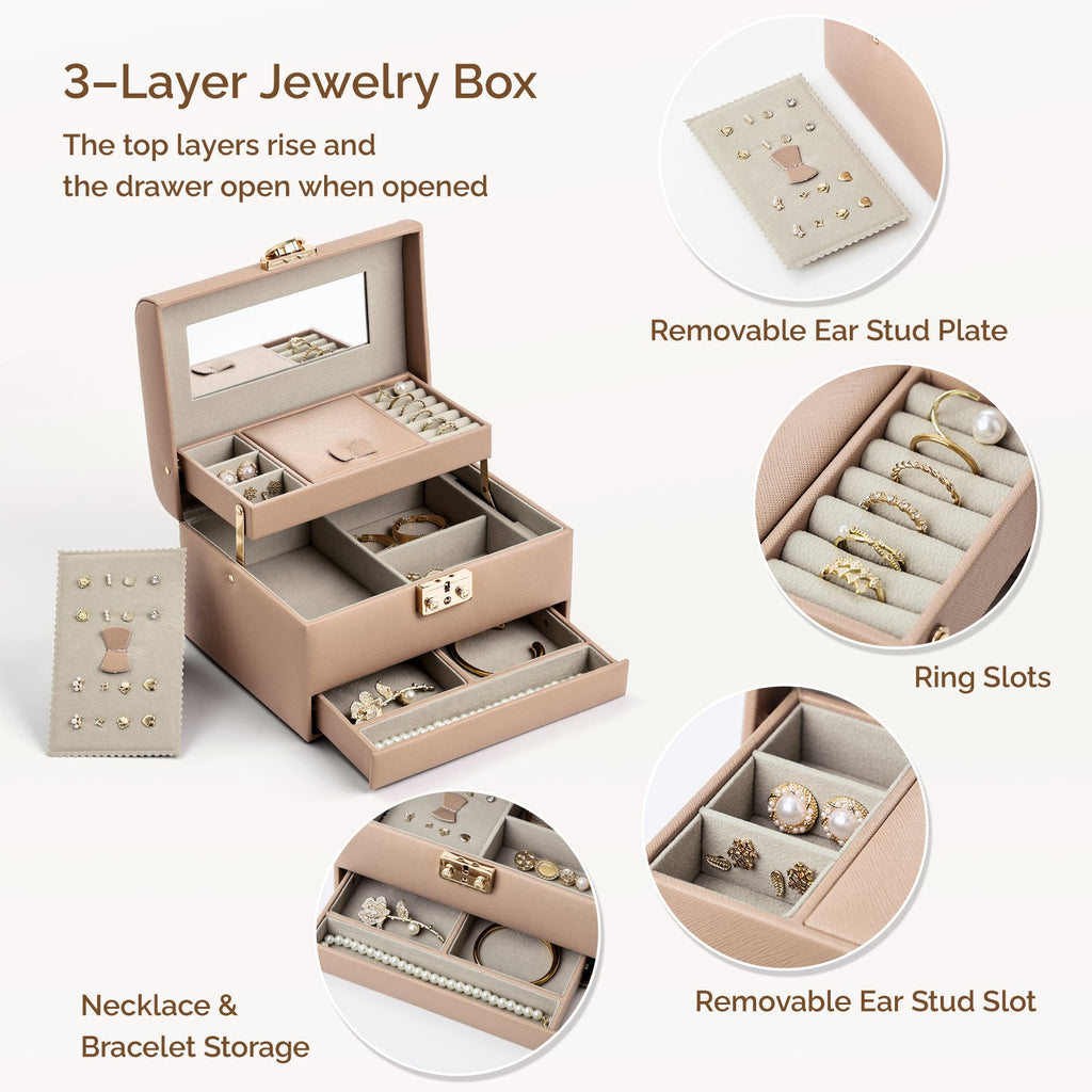 3 Layers Leather Jewelry Storage Box with Lock, Mirror
