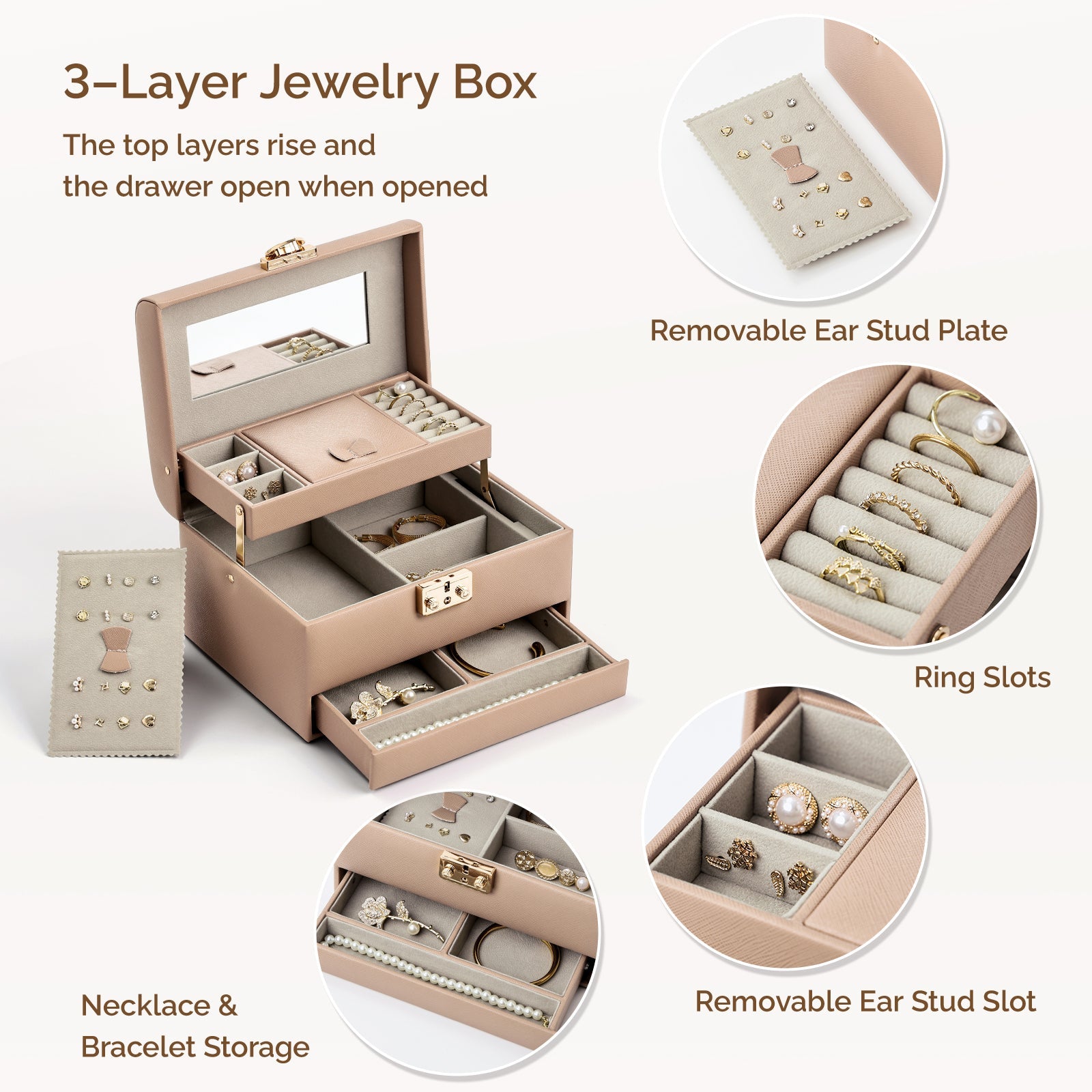 3 Layers Leather Jewelry Storage Box with Lock, Mirror