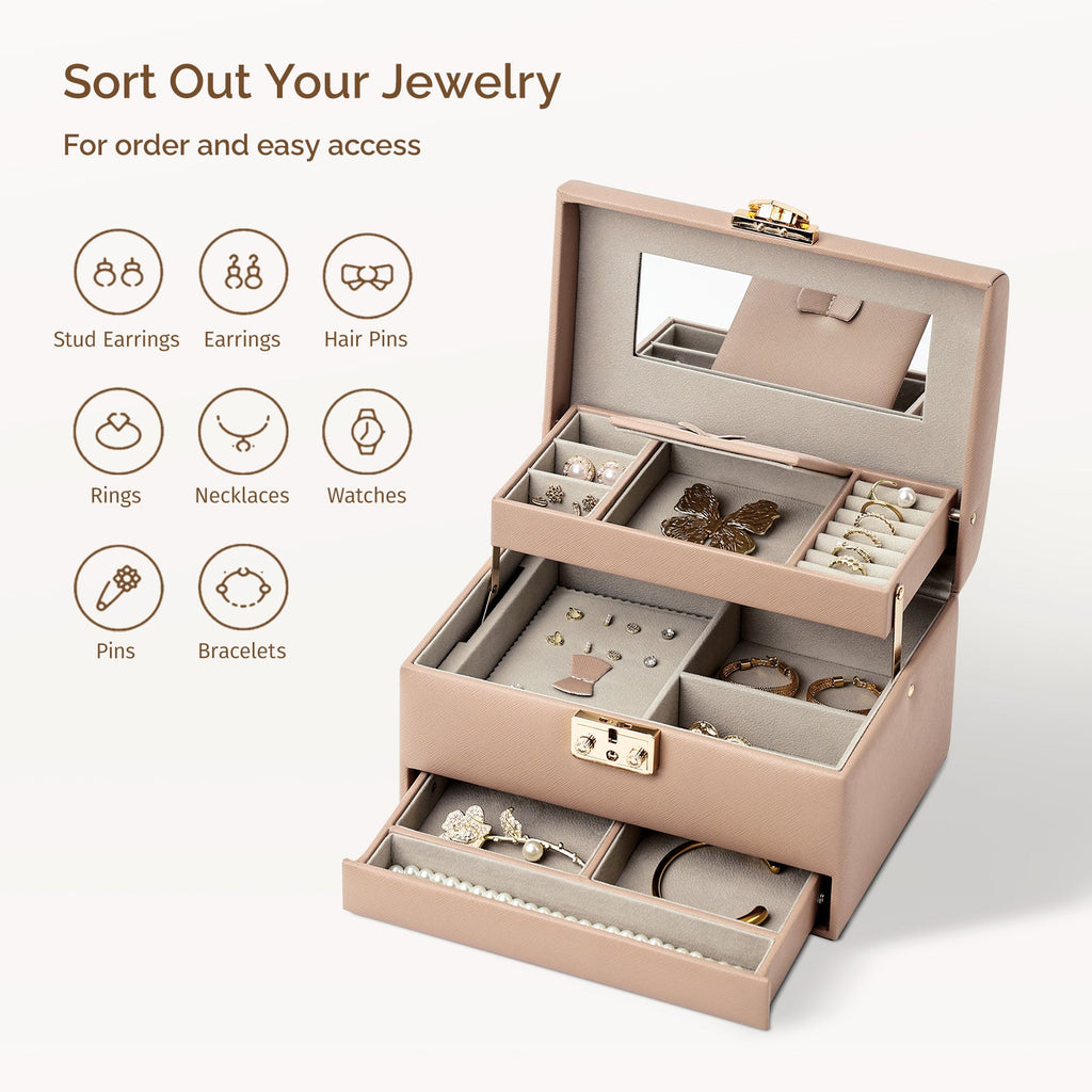 3 Layers Leather Jewelry Storage Box with Lock, Mirror