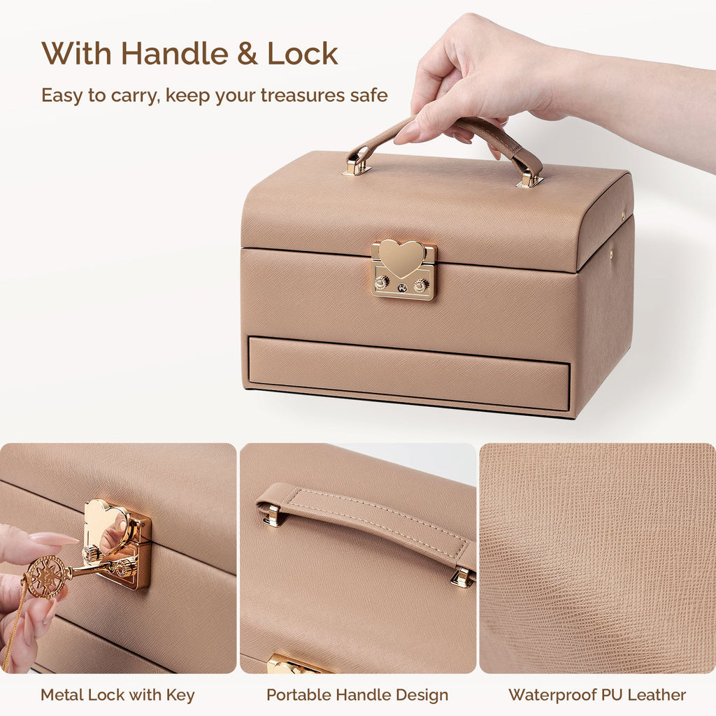 3 Layers Leather Jewelry Storage Box with Lock, Mirror