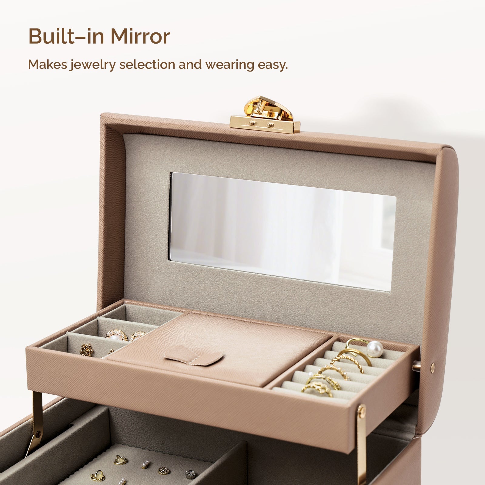 3 Layers Leather Jewelry Storage Box with Lock, Mirror