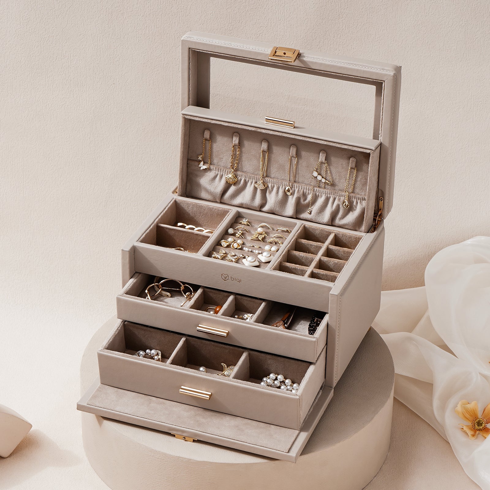 Jewelry Box with Glass Window, 3-Tier