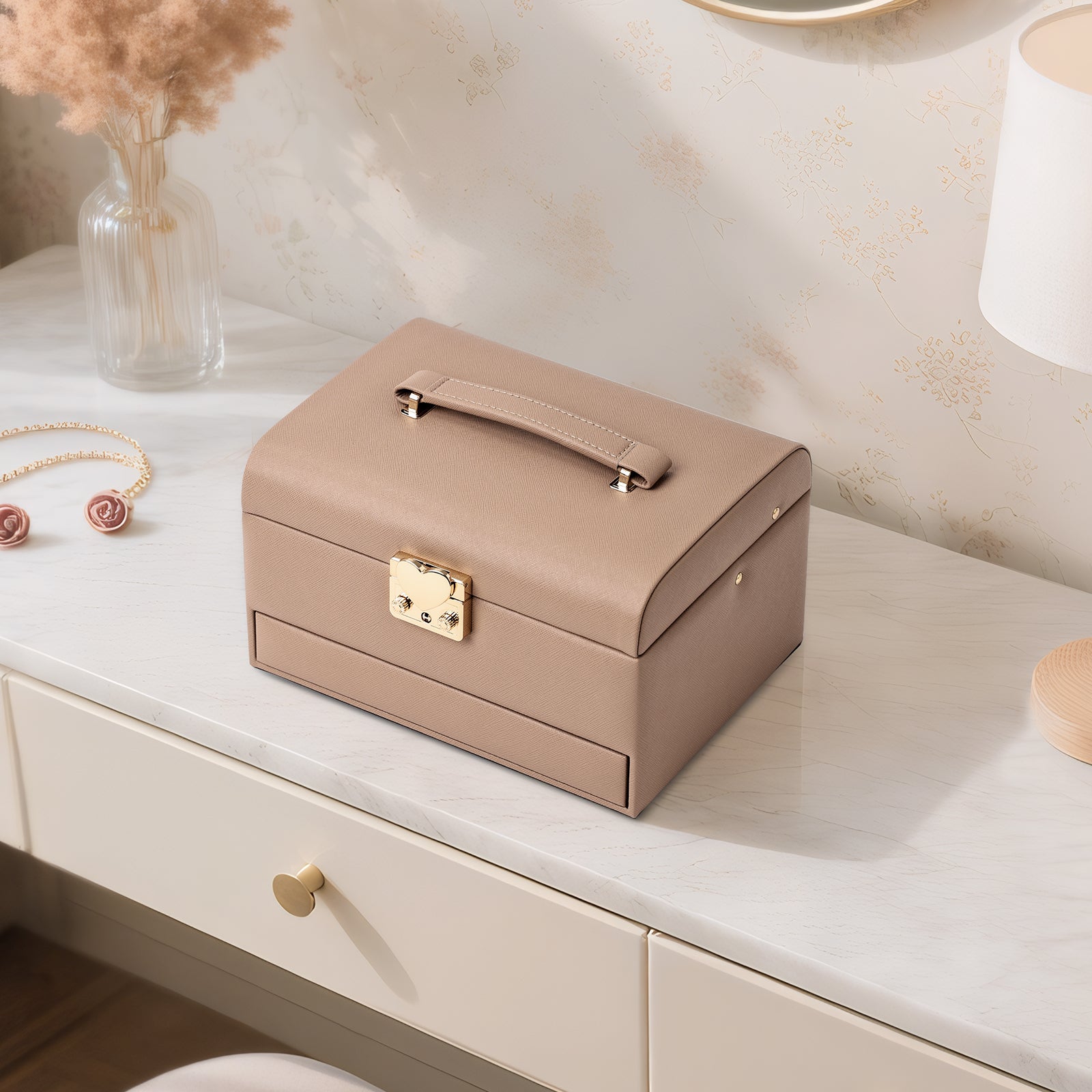 3 Layers Leather Jewelry Storage Box with Lock, Mirror