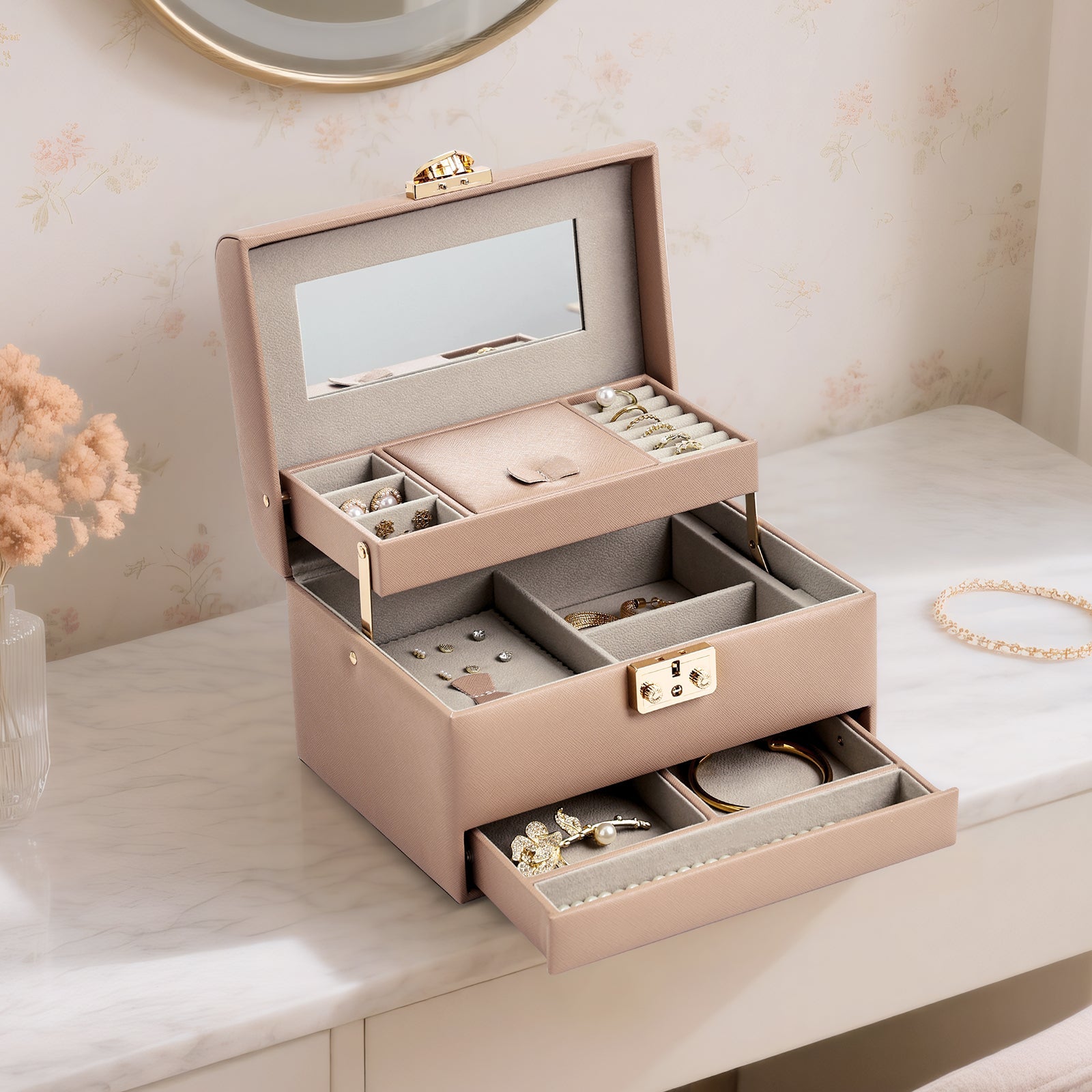 3 Layers Leather Jewelry Storage Box with Lock, Mirror
