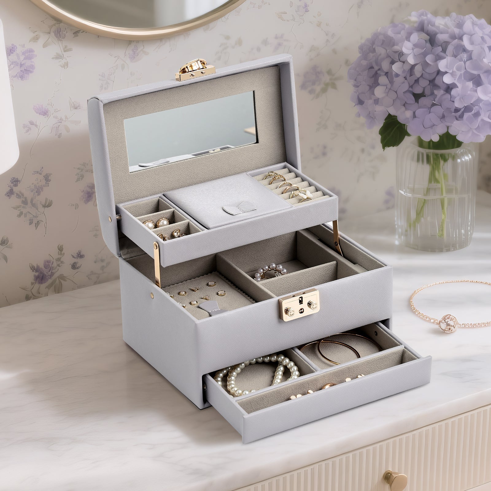 3 Layers Leather Jewelry Storage Box with Lock, Mirror
