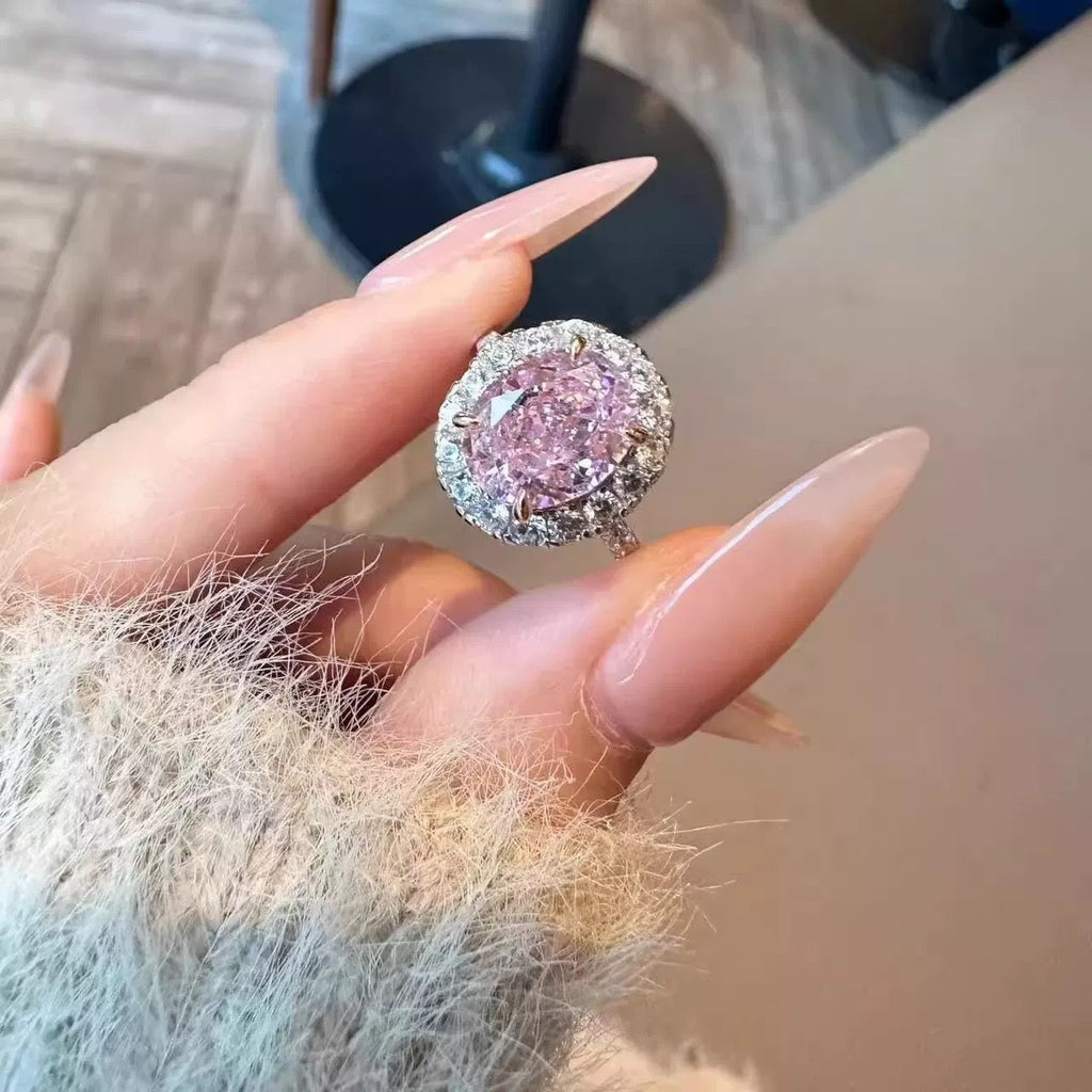 Oval Cut Pink Moissanite Ring | Adjustable Open 14K White Gold-Plated 925 Sterling Silver Engagement & Anniversary Ring