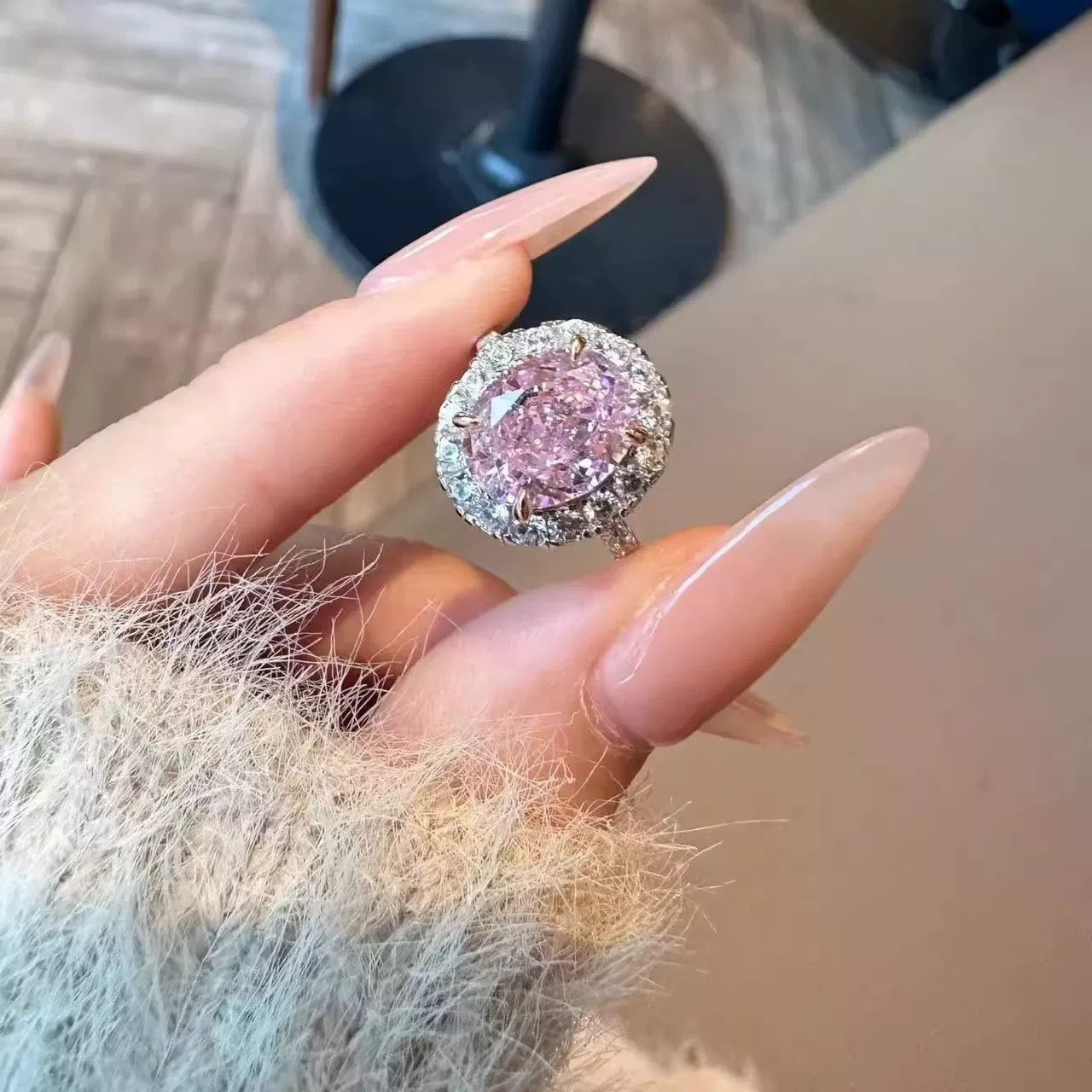 Oval Cut Pink Moissanite Ring | Adjustable Open 14K White Gold-Plated 925 Sterling Silver Engagement & Anniversary Ring