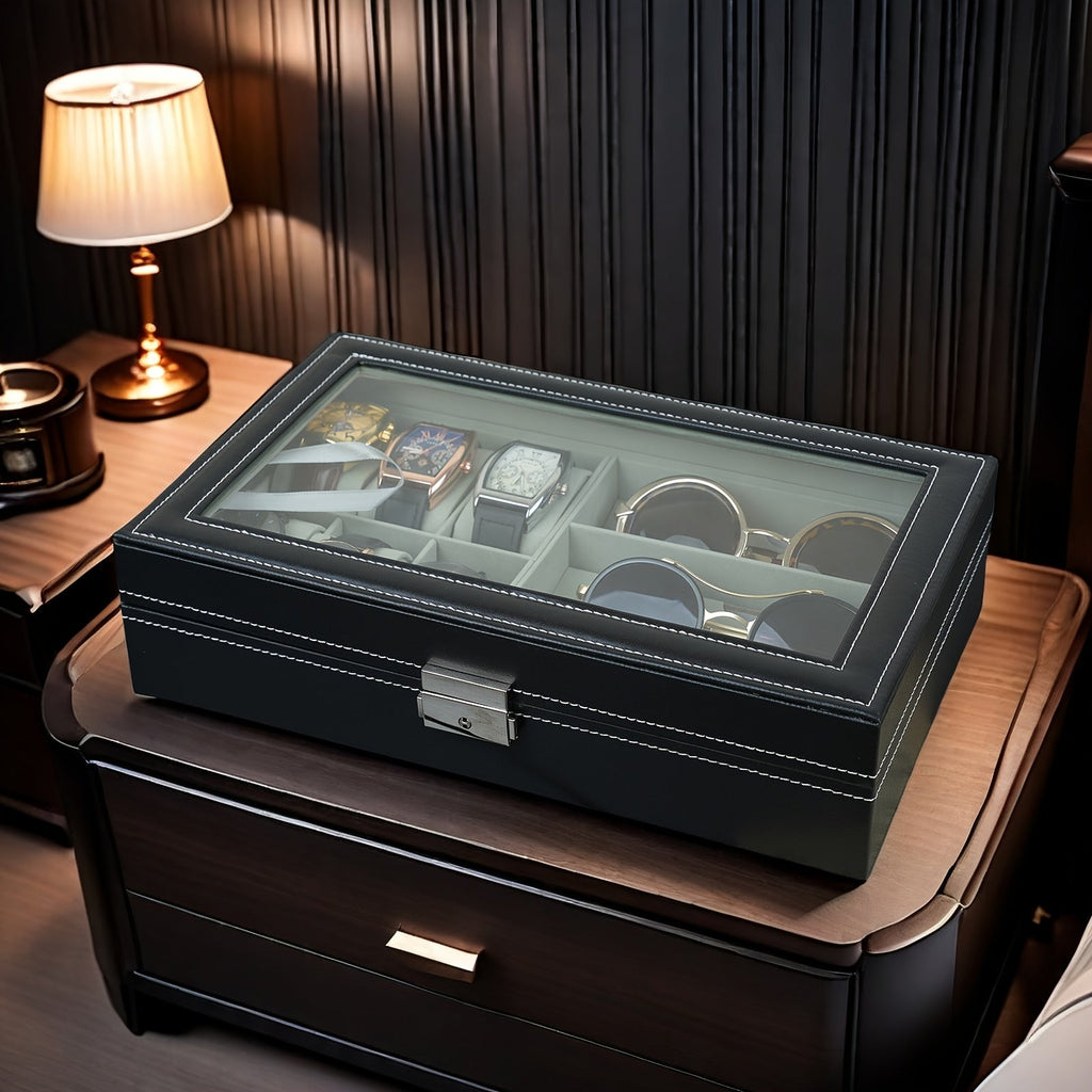 Watch & Sunglass Organizer PU Leather Eyeglasses Collector for Earrings and Necklaces, Jewelry Organizer with Compartment and Lid