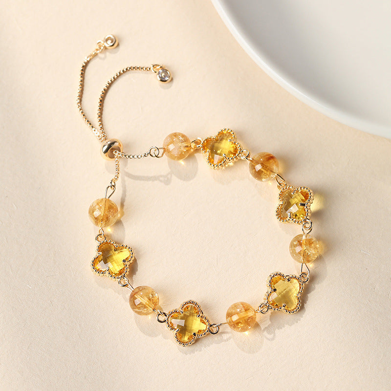 Lucky Clover Citrine Bracelet | Protection & Healing Crystal Jewelry | 8mm Gemstone Beaded Adjustable Bracelet | Lucky Fortune Gem Gift for Women (Citrine)