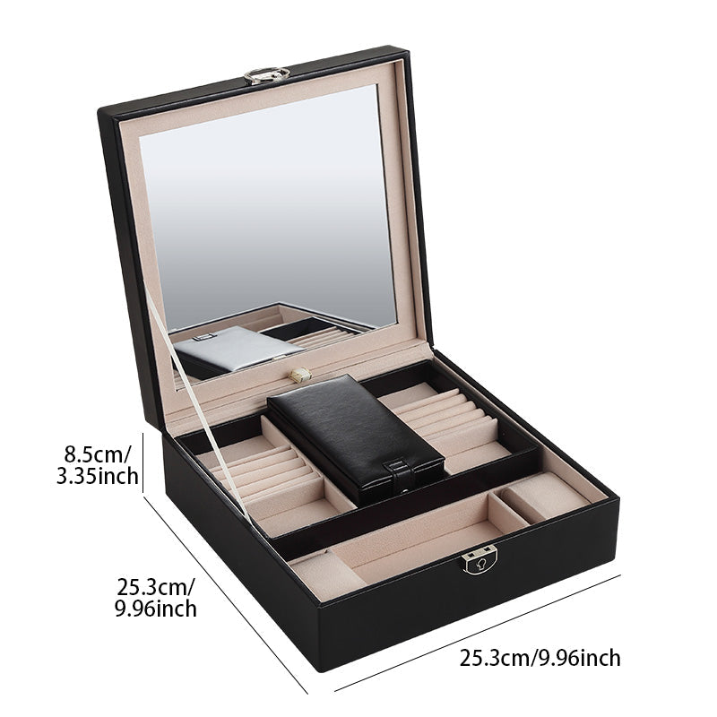 Casegrace 3-in-1 Large Jewelry Storage Box, Detachable Tray, Built-in Mirror, with Key
