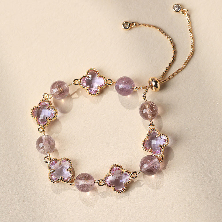 Lucky Clover Amethyst Bracelet | Protection & Healing Crystal Jewelry | 8mm Gemstone Beaded Adjustable Bracelet | Lucky Energy Guardian Gem Gift for Women (Amethyst)