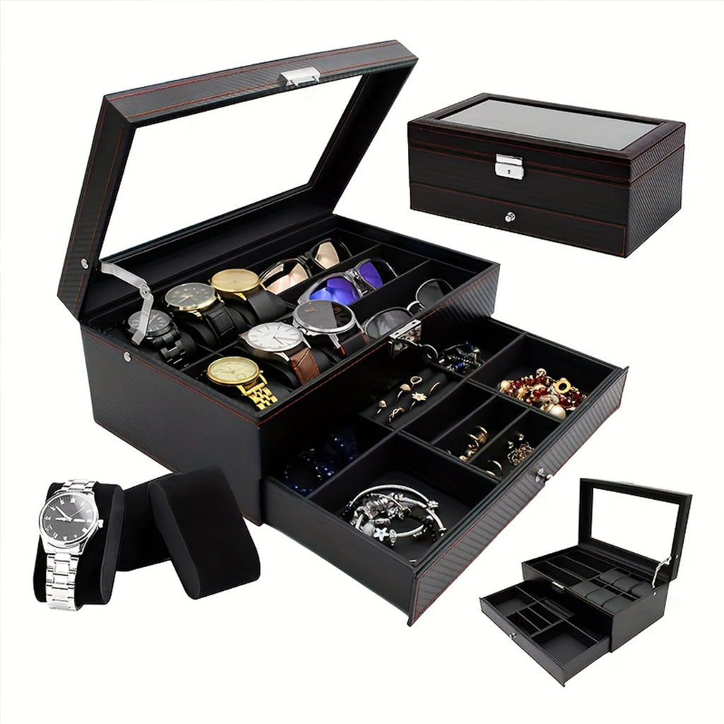 Watch Box Organizer for Men, 6-Slot Watch Case and Sunglasses Storage with Large Glass Lid