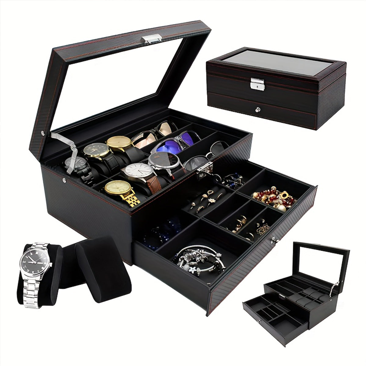 Watch Box Organizer for Men, 6-Slot Watch Case and Sunglasses Storage with Large Glass Lid