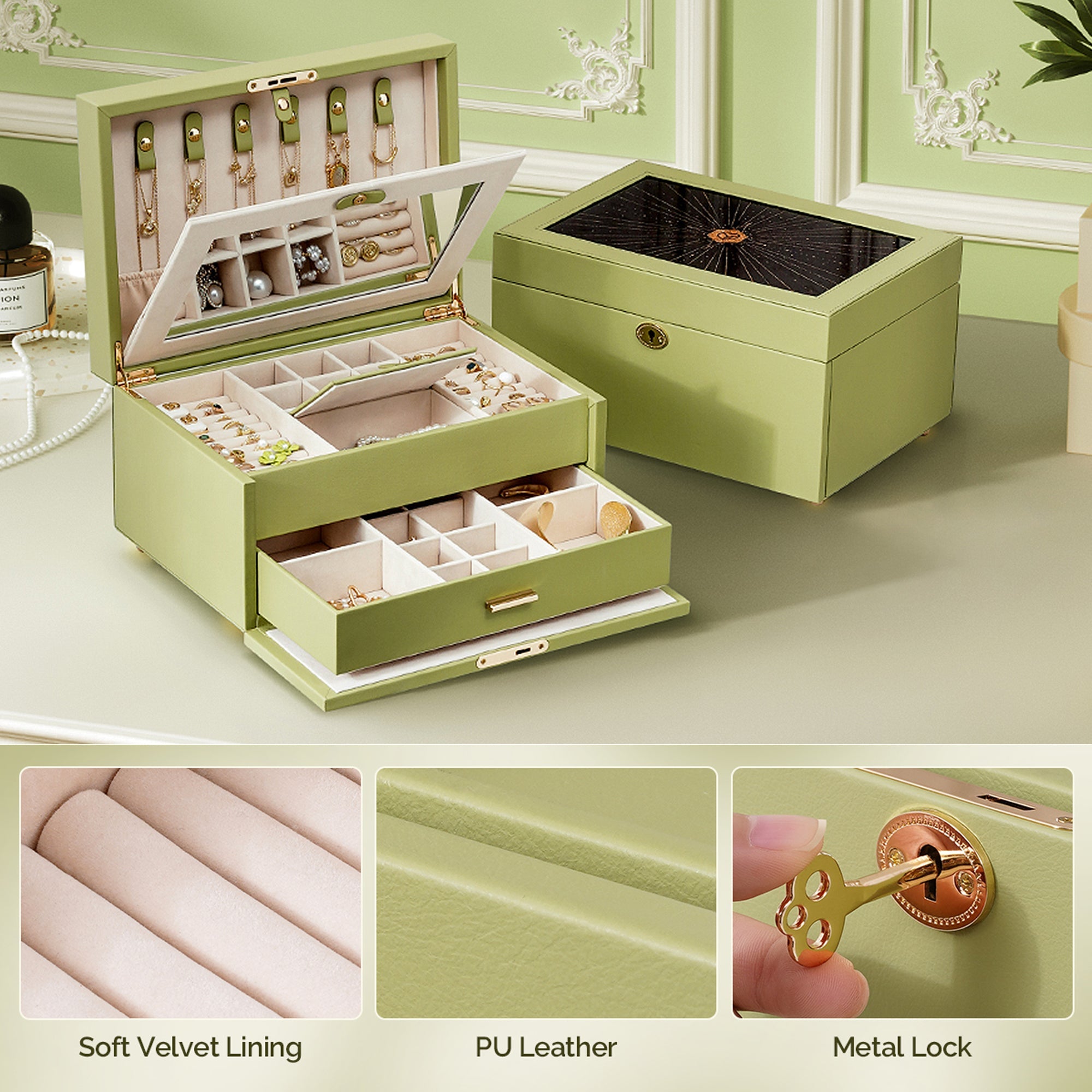 Casegrace 4-Tier Jewelry Box with Flowing-Gold Decoration Glass Lid, Built-in Mirror, Double Drawer, With Key