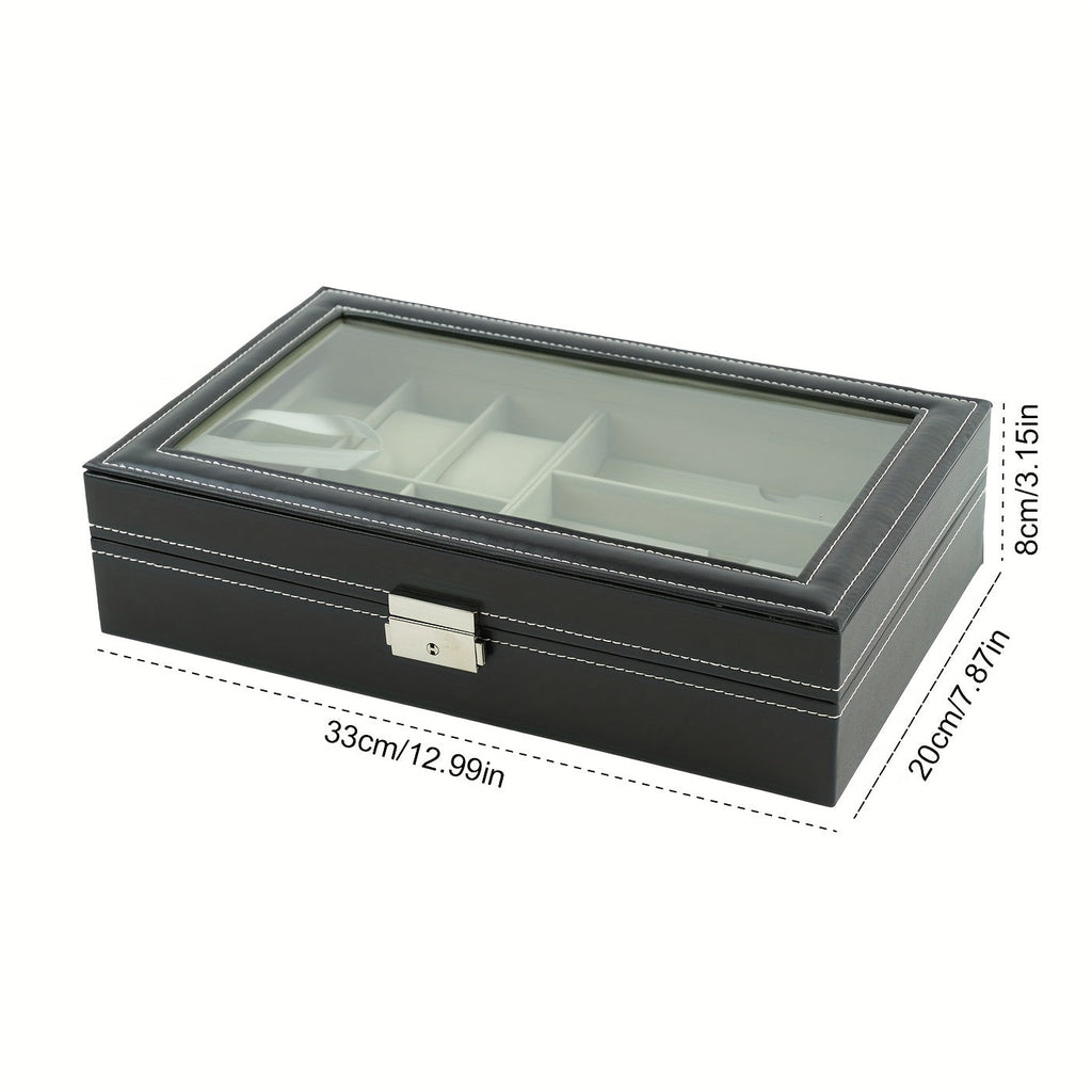 Watch & Sunglass Organizer PU Leather Eyeglasses Collector for Earrings and Necklaces, Jewelry Organizer with Compartment and Lid