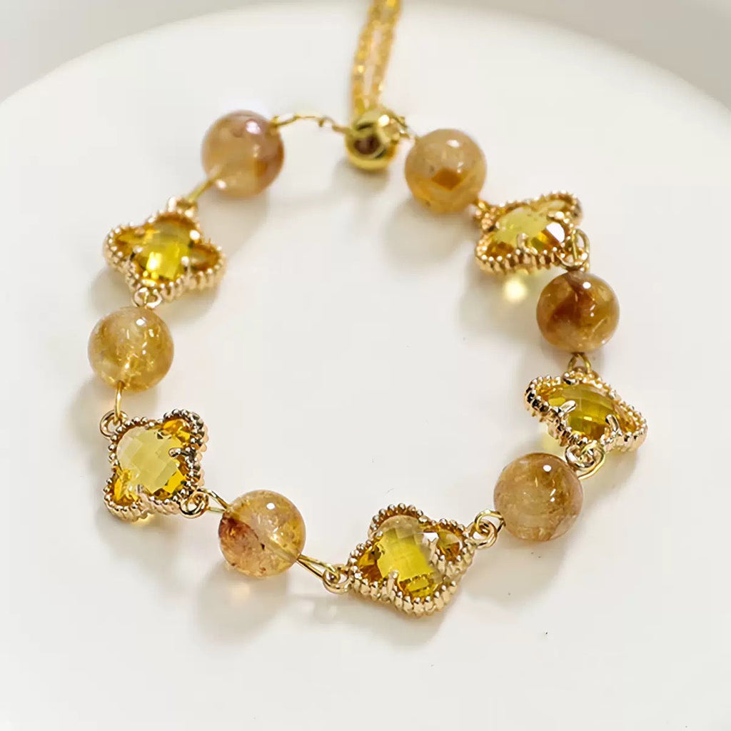 Lucky Clover Citrine Bracelet | Protection & Healing Crystal Jewelry | 8mm Gemstone Beaded Adjustable Bracelet | Lucky Fortune Gem Gift for Women (Citrine)