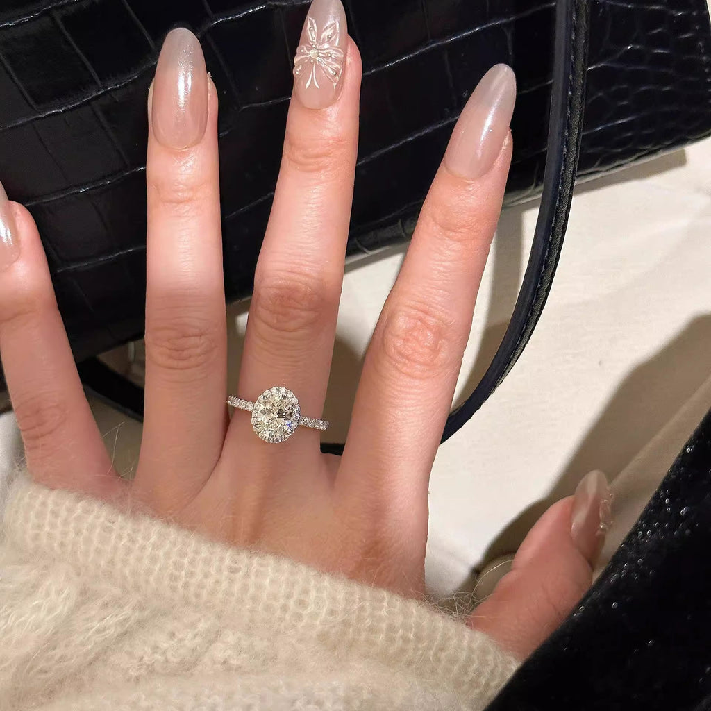 925 Sterling Silver Oval Cut Moissanite Ring Adjustable 14K White Gold-Plated Ring