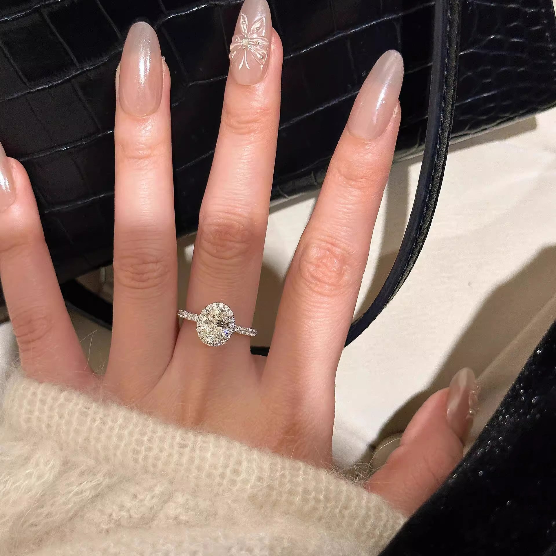 925 Sterling Silver Oval Cut Moissanite Ring Adjustable 14K White Gold-Plated Ring