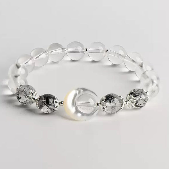 8mm Healing Obsidian White Crystal Bracelet ,Natural White Shell Star Moon Bead Stone Handmade Stretch Wrist Jewelry Gift for Women