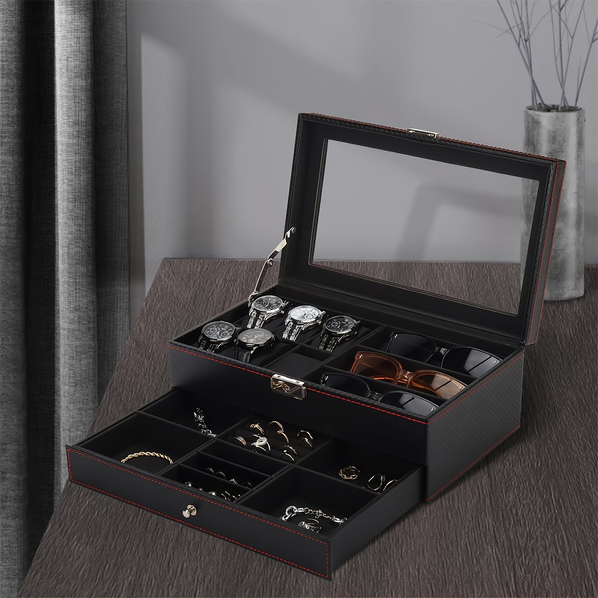 Watch Box Organizer for Men, 6-Slot Watch Case and Sunglasses Storage with Large Glass Lid