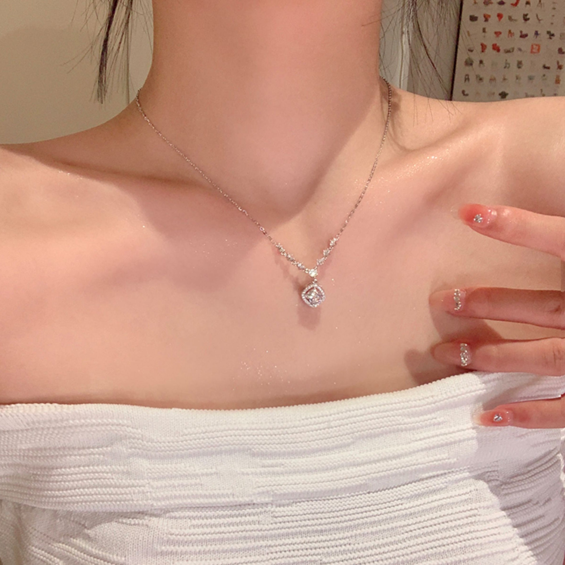 Dainty Sugar Cube Pendant Necklace for Women,Adjustable Chain Stylish Crystal Pendant