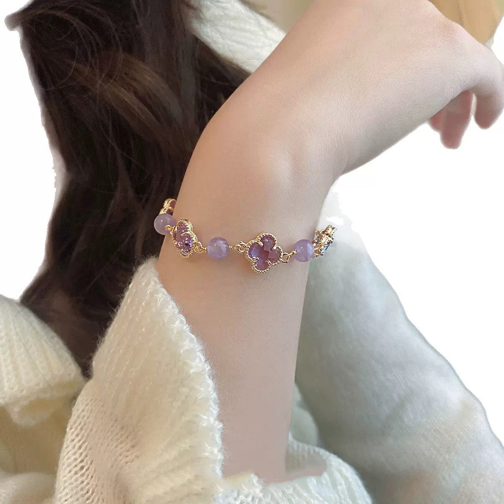 Lucky Clover Amethyst Bracelet | Protection & Healing Crystal Jewelry | 8mm Gemstone Beaded Adjustable Bracelet | Lucky Energy Guardian Gem Gift for Women (Amethyst)
