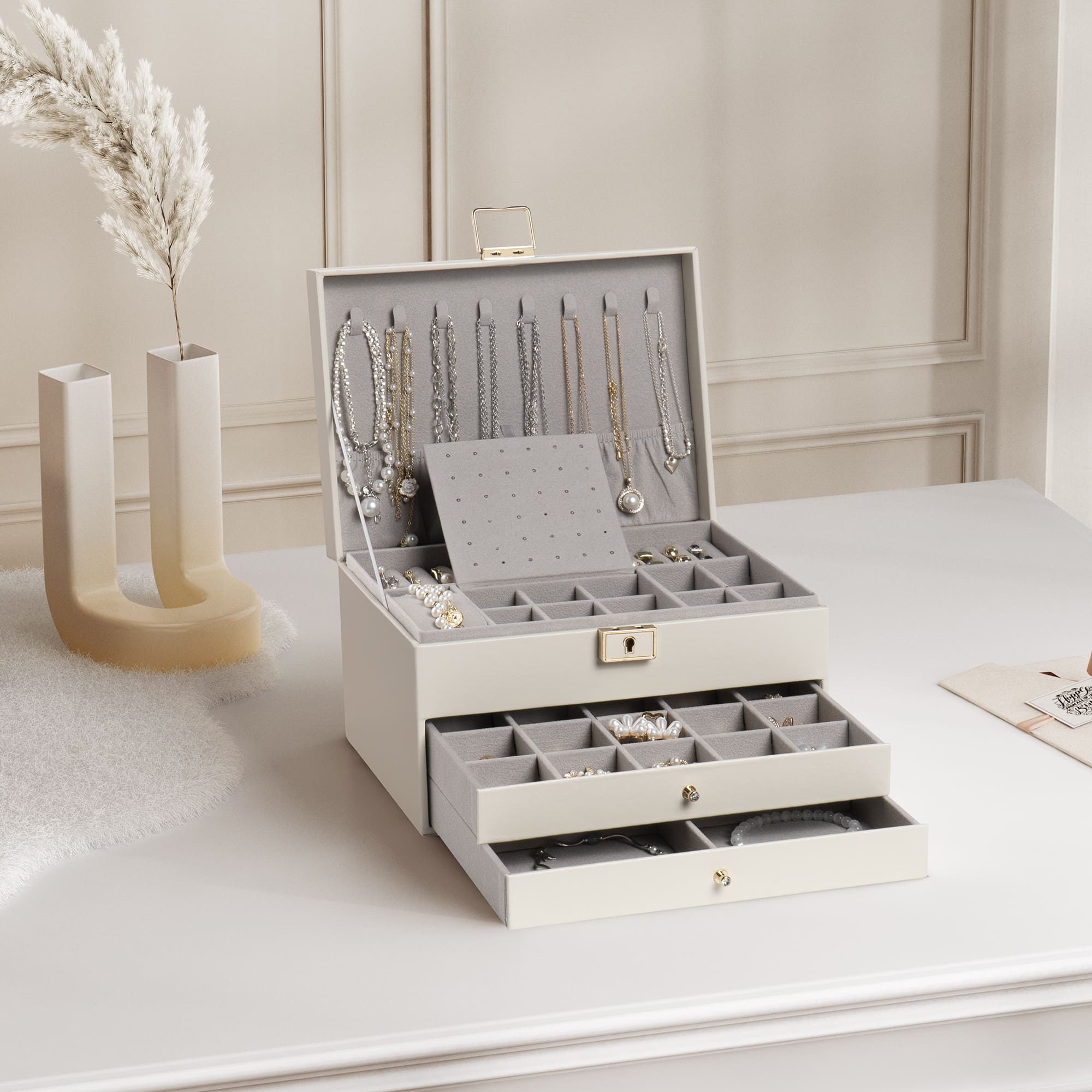 3 Layers PU Leather Jewelry Storage Box with Lock