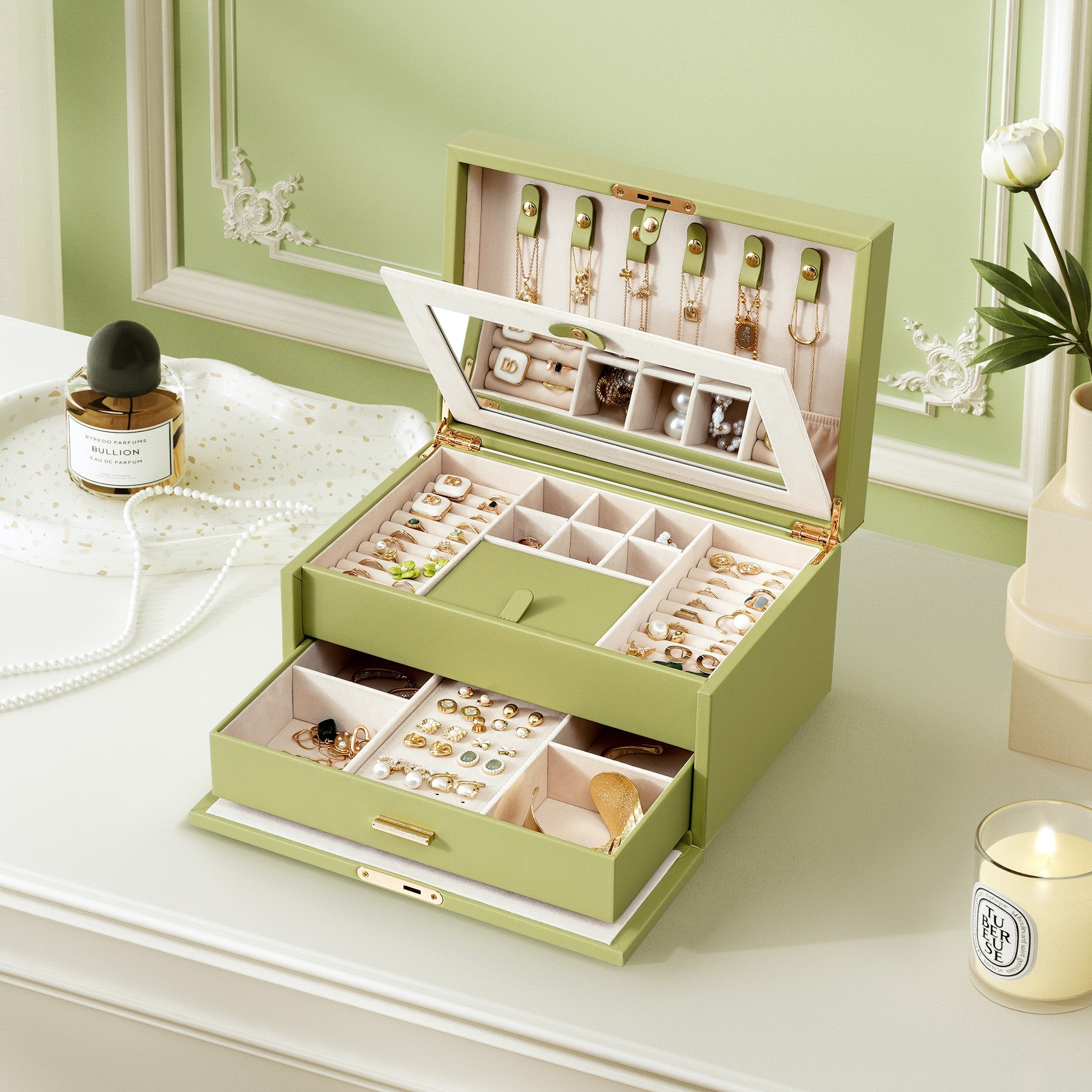 Casegrace 4-Tier Jewelry Box with Flowing-Gold Decoration Glass Lid, Built-in Mirror, Double Drawer, With Key