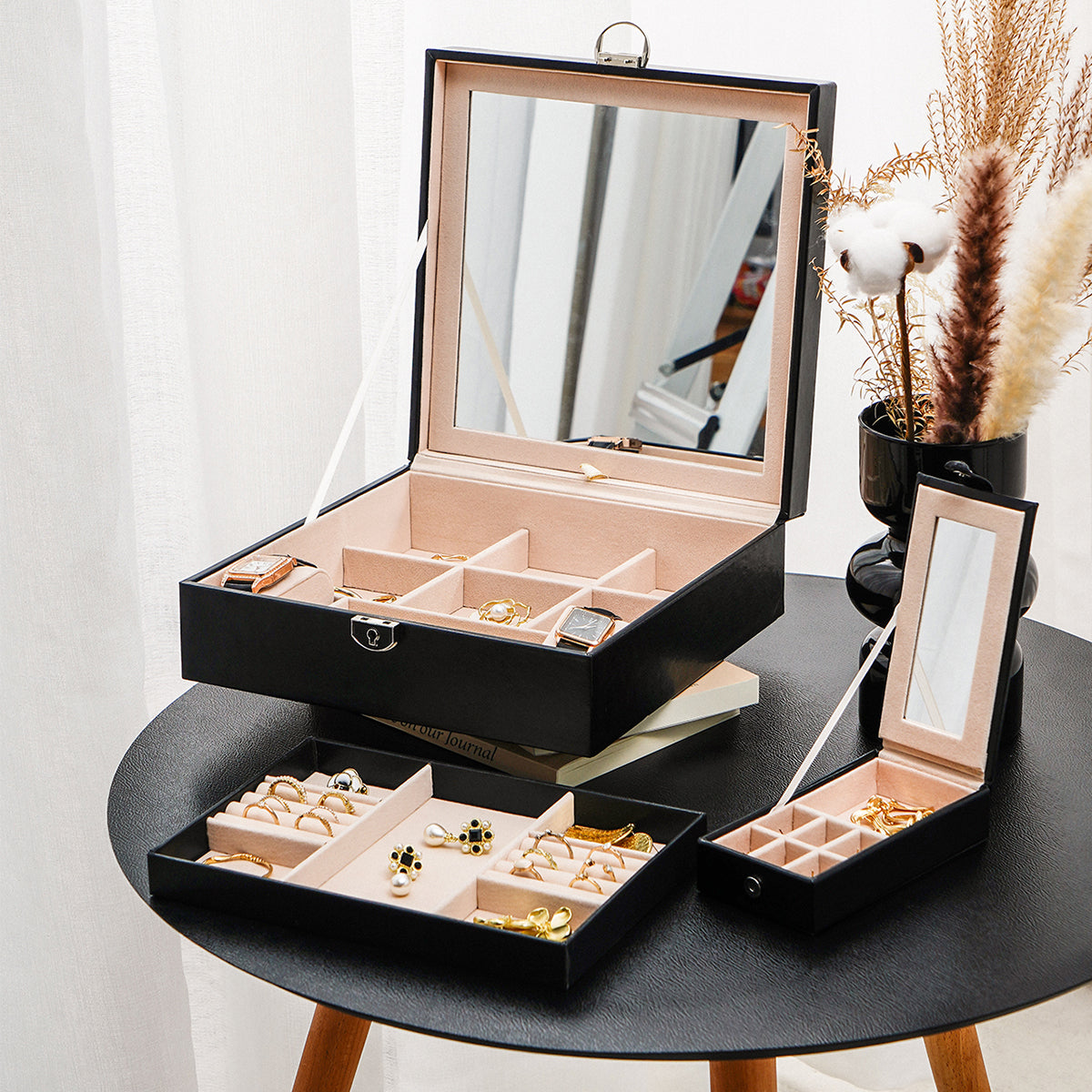 Casegrace 3-in-1 Large Jewelry Storage Box, Detachable Tray, Built-in Mirror, with Key