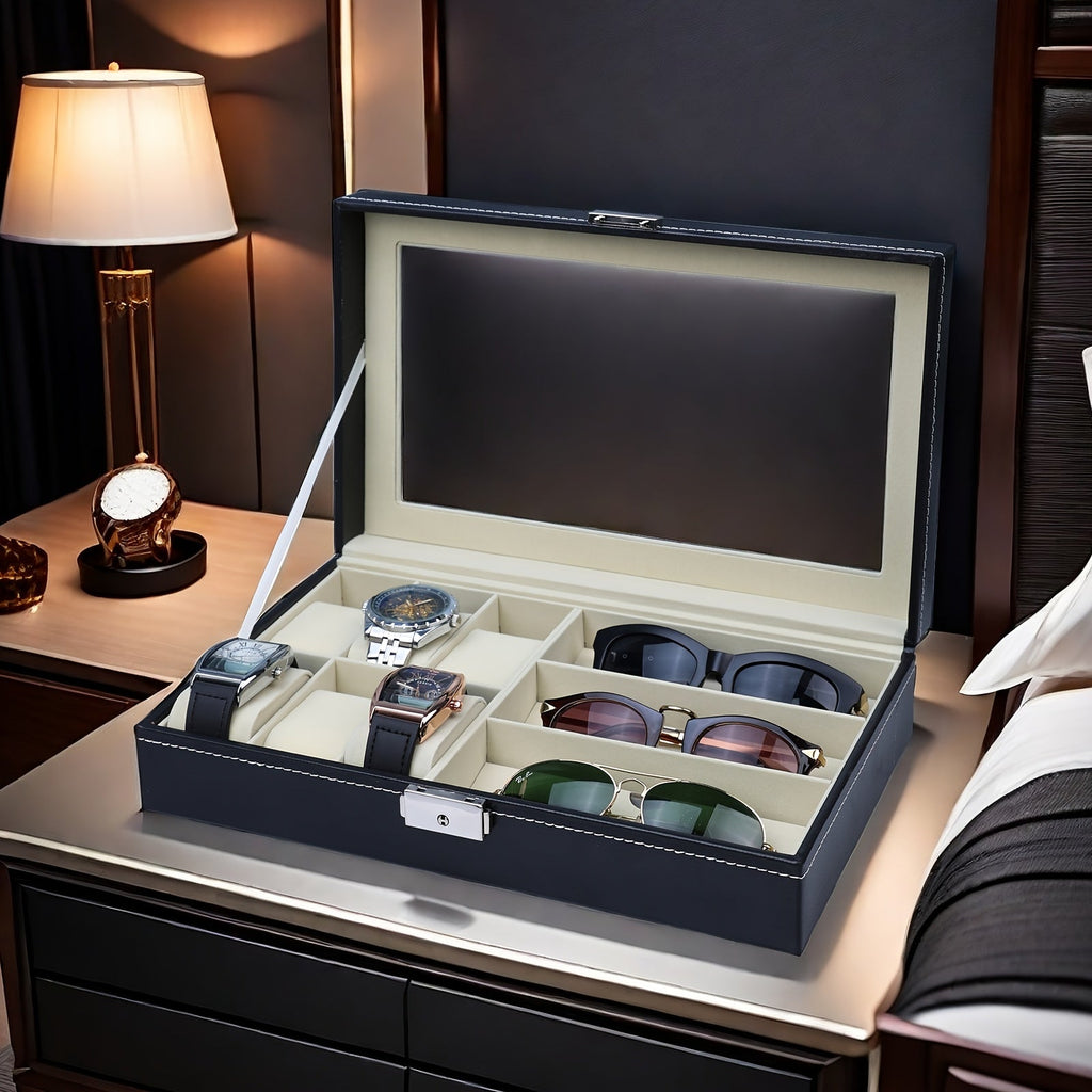 Watch & Sunglass Organizer PU Leather Eyeglasses Collector for Earrings and Necklaces, Jewelry Organizer with Compartment and Lid