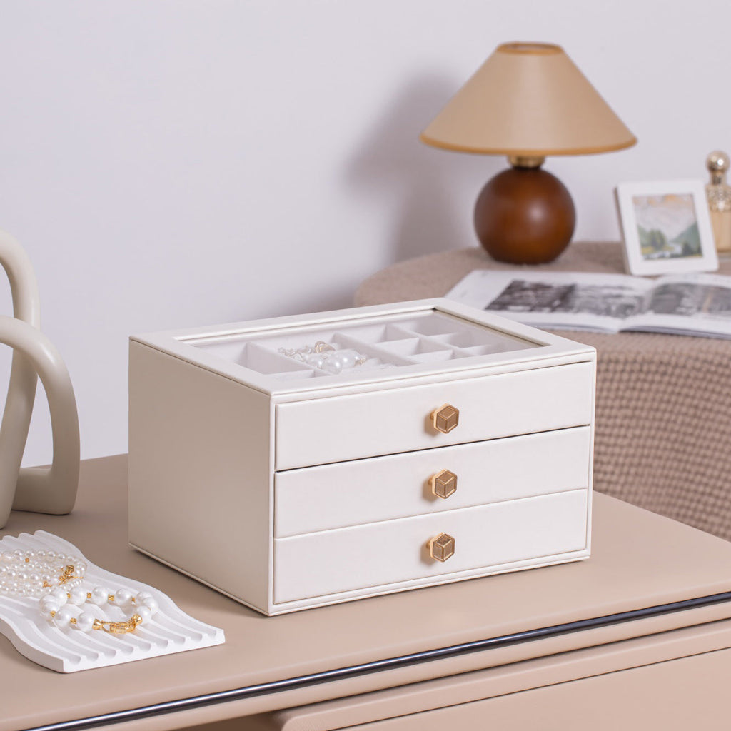 Jewelry Box for Women with Glass Lid-3 Drawers
