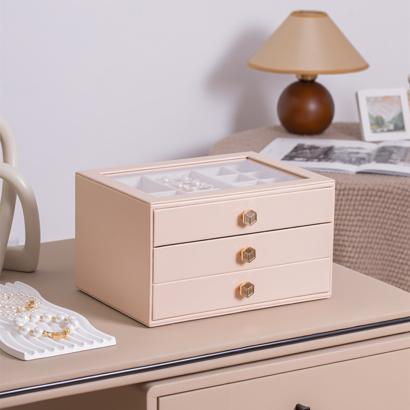 Jewelry Box for Women with Glass Lid-2 Drawers