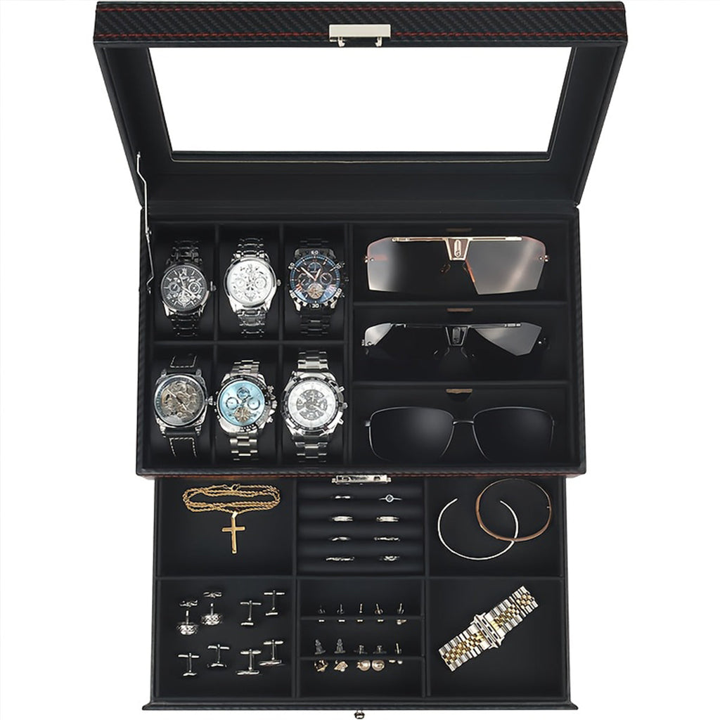 Watch Box Organizer for Men, 6-Slot Watch Case and Sunglasses Storage with Large Glass Lid