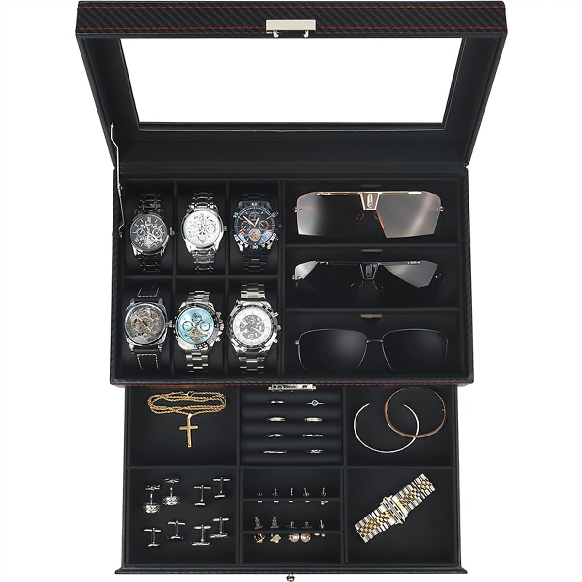 Watch Box Organizer for Men, 6-Slot Watch Case and Sunglasses Storage with Large Glass Lid