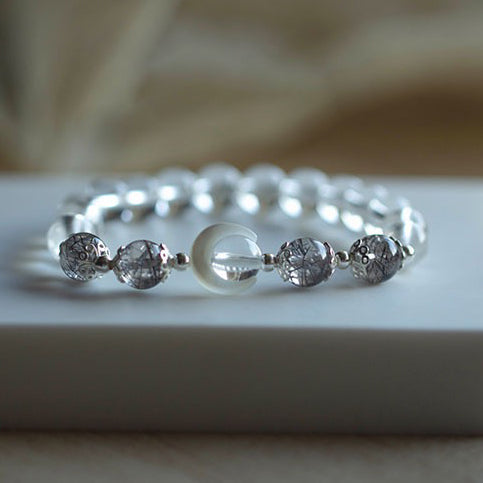 8mm Healing Obsidian White Crystal Bracelet ,Natural White Shell Star Moon Bead Stone Handmade Stretch Wrist Jewelry Gift for Women