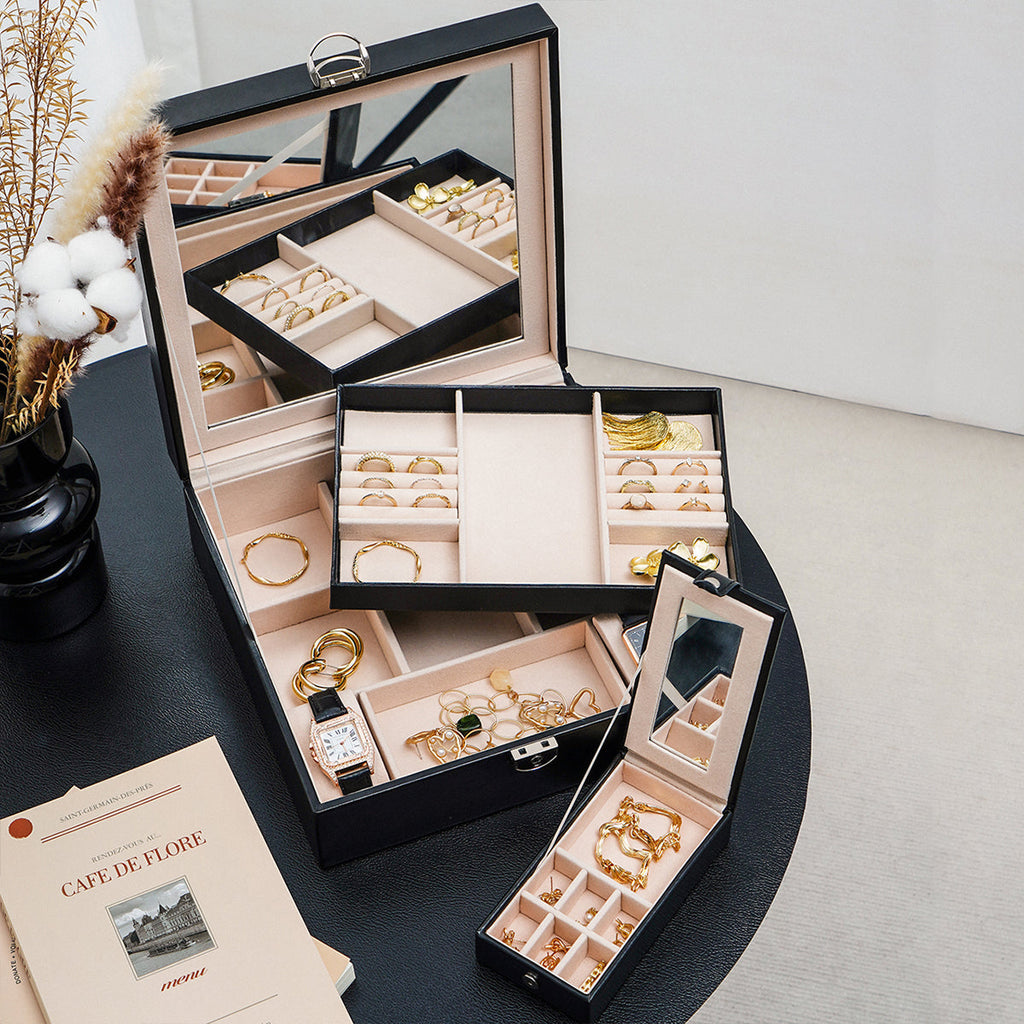 Casegrace 3-in-1 Large Jewelry Storage Box, Detachable Tray, Built-in Mirror, with Key